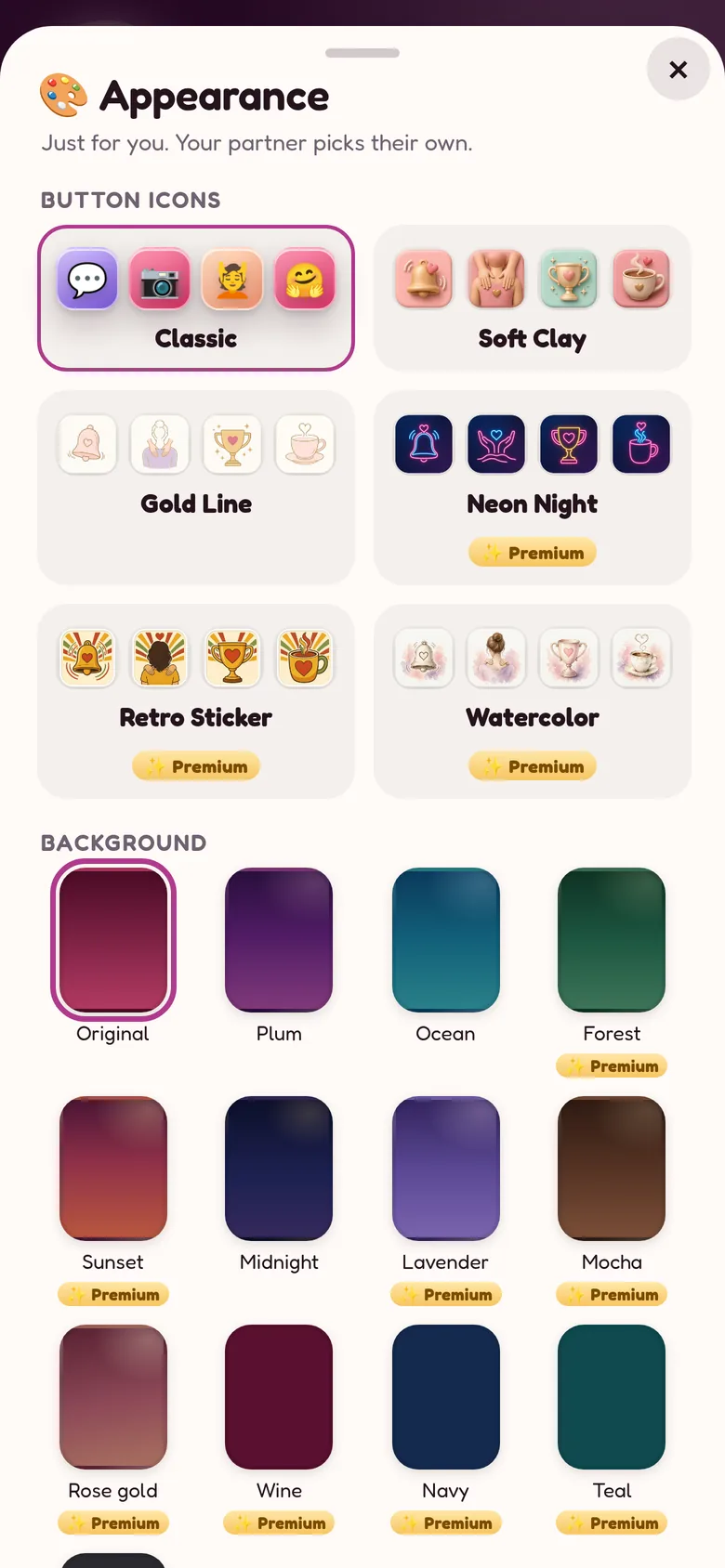 Appearance settings with button icon styles and backgrounds