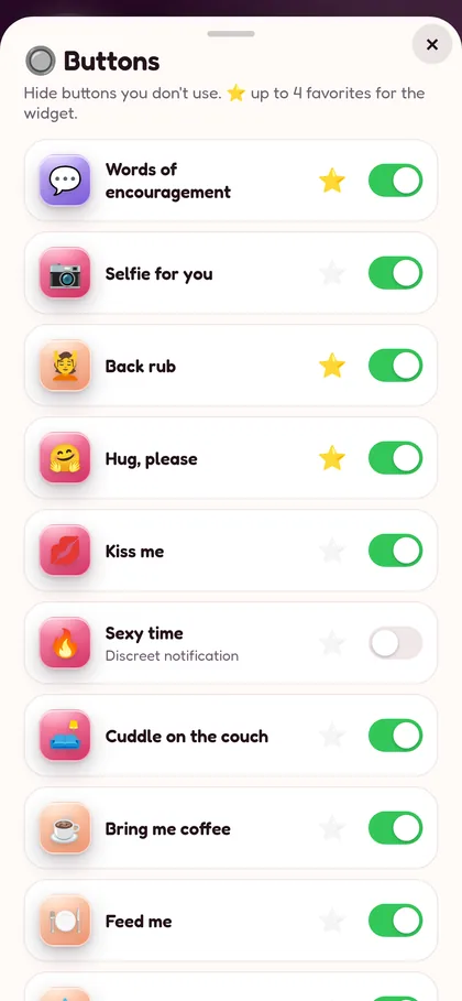 Buttons settings with toggles and favorite stars