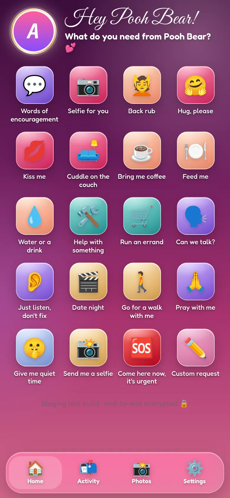 Home screen greeting 'Hey Pooh Bear!' with a grid of request buttons