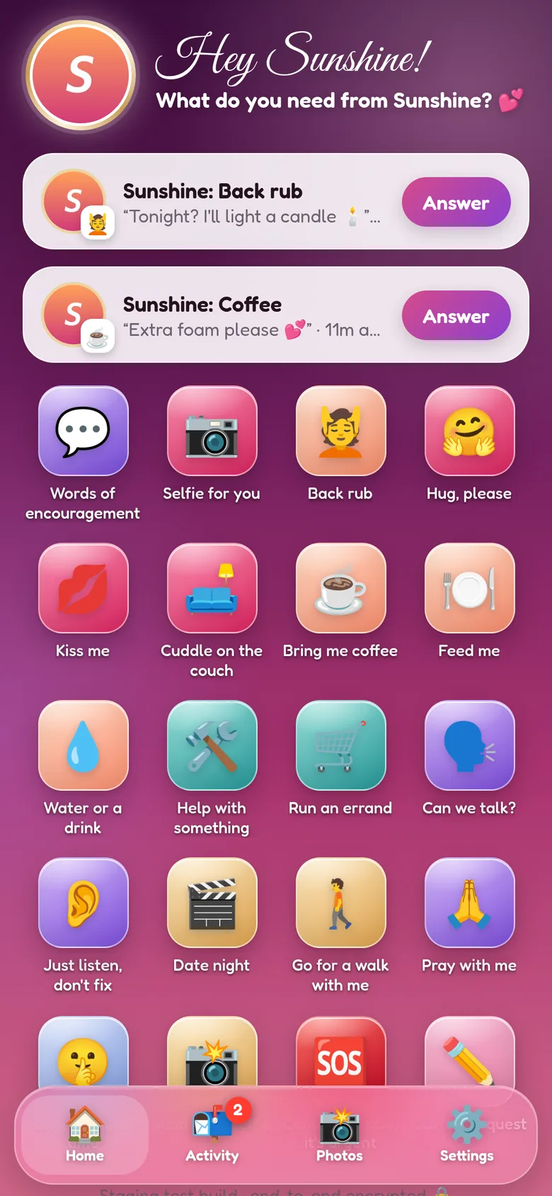 Hey Babe home screen greeting 'Hey Sunshine!' with two incoming requests, Back rub and Coffee, above a grid of one-tap request buttons