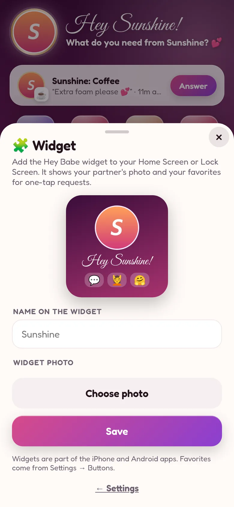 Widget settings showing a 'Hey Sunshine!' widget preview with favorite request icons